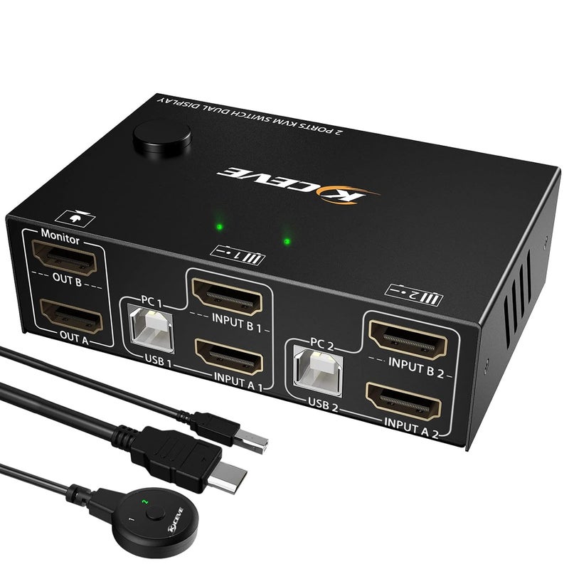 MLEEDA Dual Monitor KVM Switch HDMI 2 Port 4K@60Hz, USB HDMI Extended Display Switcher for 2 Computers Share 2 Monitors and 4 USB 2.0 Hub,Desktop Controller and USB HDMI Cables Included - Image 1